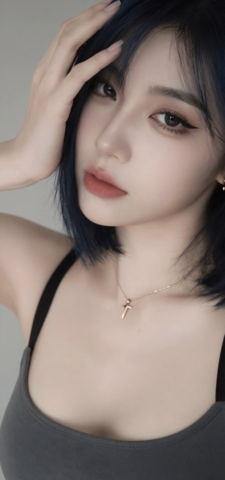 深蓝短发美女抚额精致妆容冷艳人像摄影手机壁纸