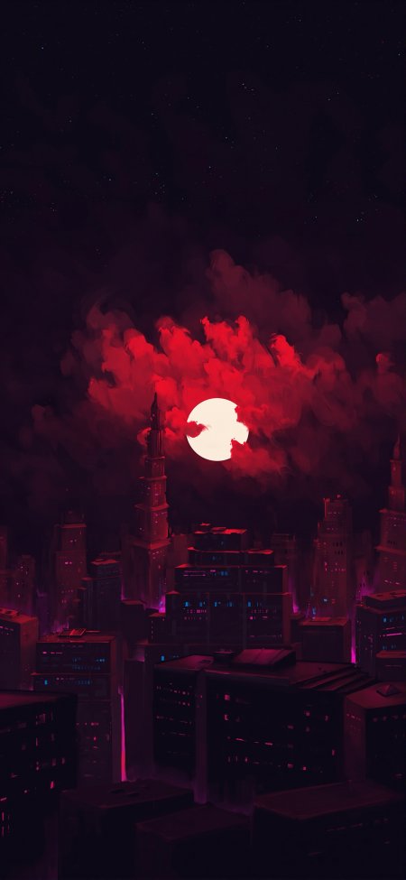 红色满月笼罩赛博朋克城市夜景科幻创意手机壁纸