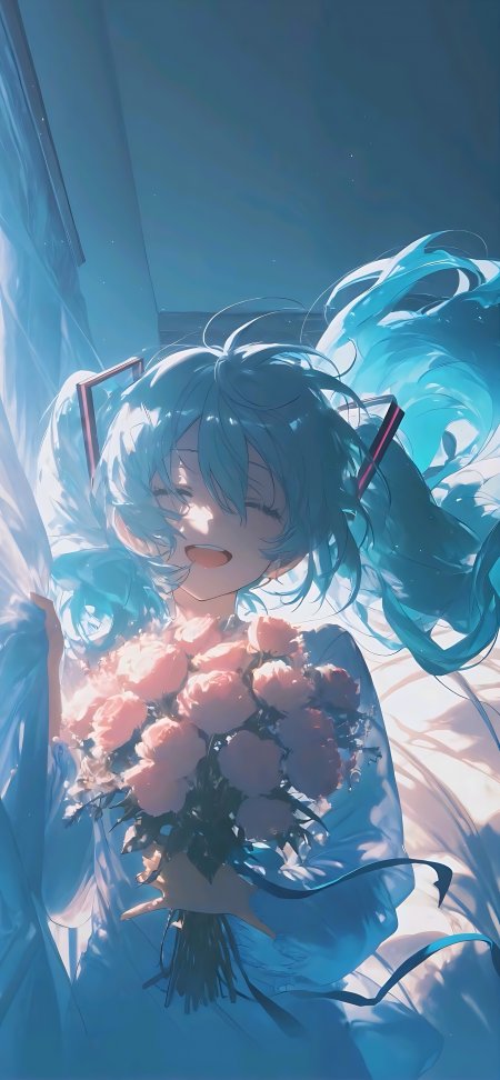 初音未来蓝发少女抱花束唯美治愈系动漫手机壁纸