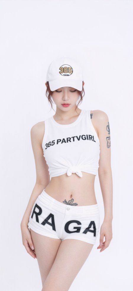 白帽背心短裤美女纹身细节时尚人像摄影手机壁纸