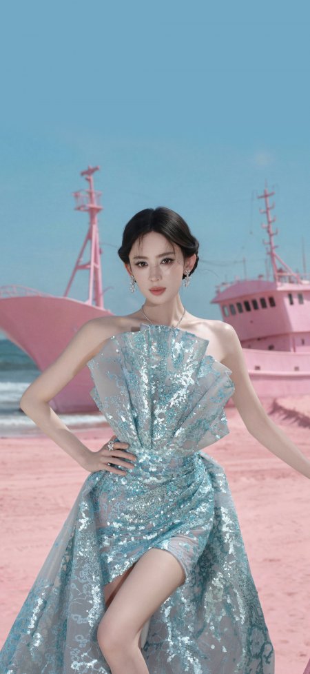 古力娜扎粉色渔船前蓝色礼服时尚人像摄影手机壁纸