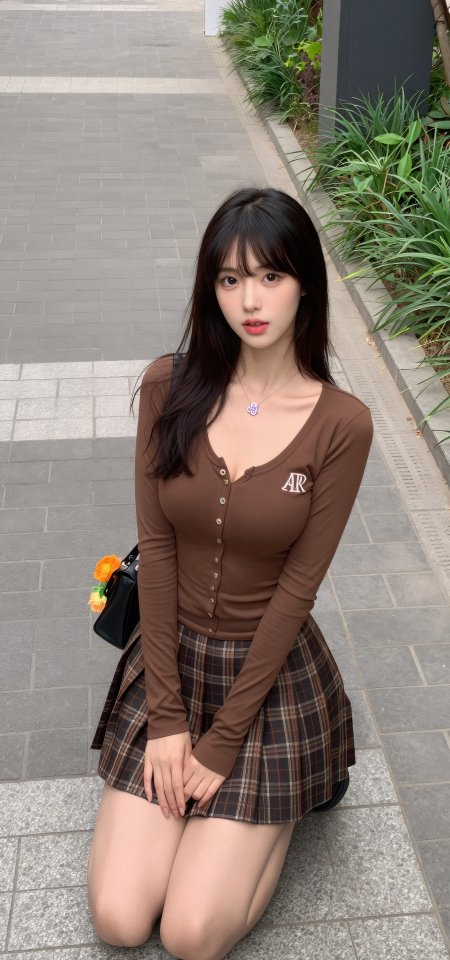 棕衣格子裙少女跪坐户外绿植旁甜美人像摄影手机壁纸