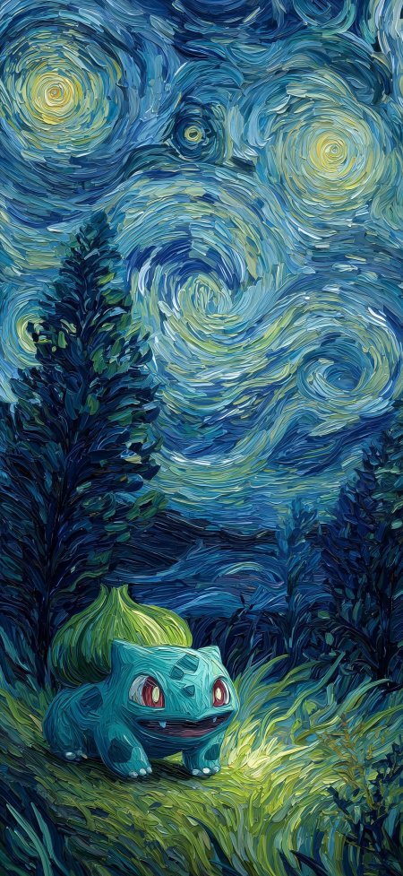宝可梦妙蛙种子梵高星空油画风格艺术创意手机壁纸
