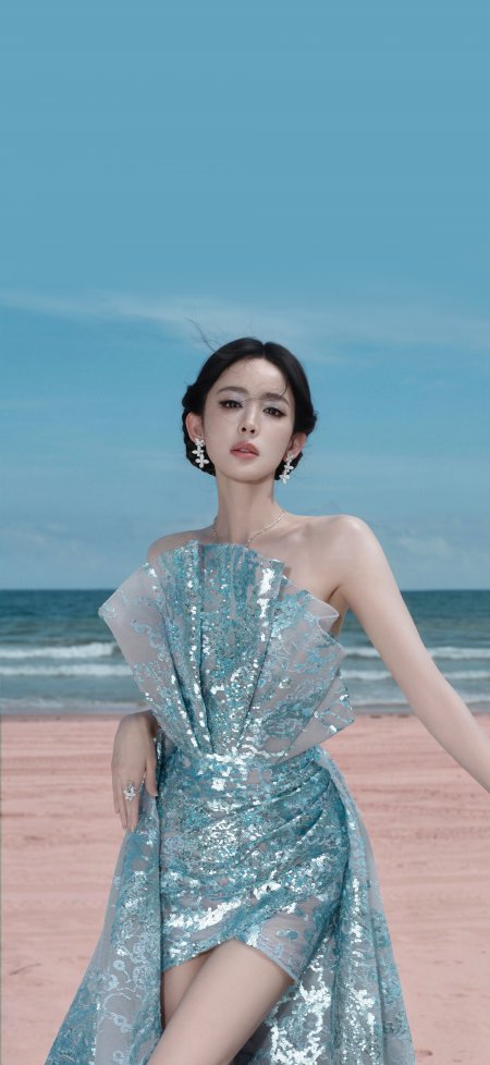 古力娜扎海边蓝色亮片礼服优雅人像摄影手机壁纸