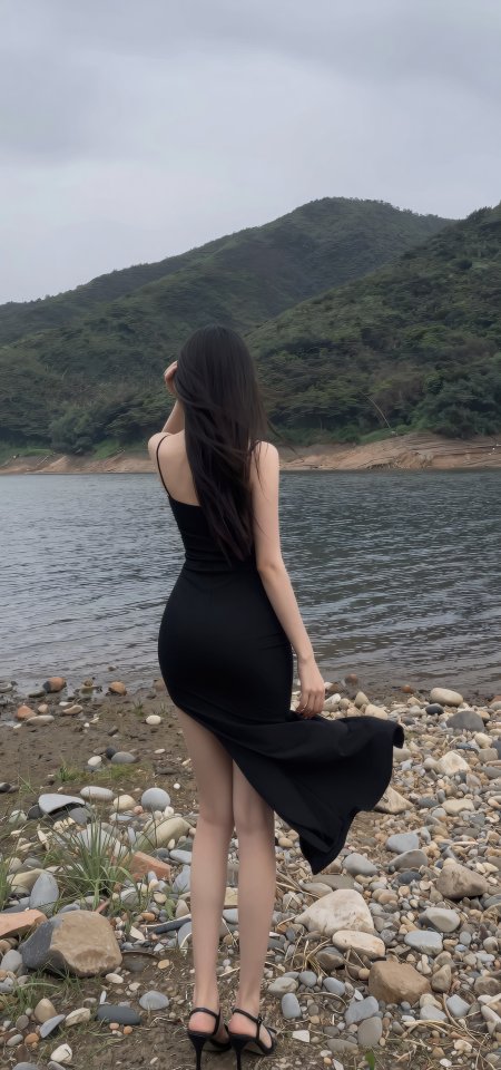 黑色吊带长裙美女湖边背影自然风光人像摄影手机壁纸