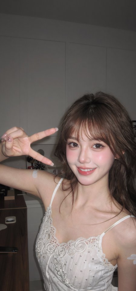 白色蕾丝吊带美女比耶手势甜美笑容居家风人像摄影手机壁纸