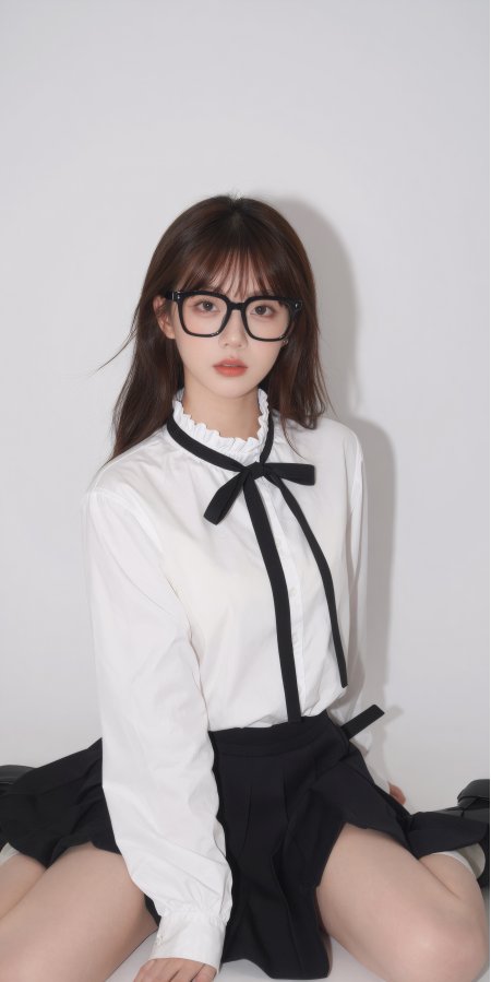 白衬衫黑领结少女坐姿清新校园风人像摄影手机壁纸