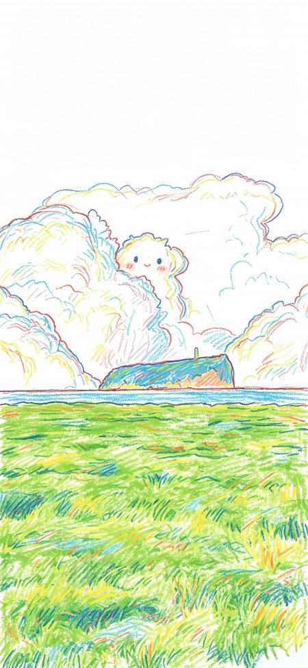 彩铅云朵笑脸绿草地小屋治愈系插画风景手机壁纸