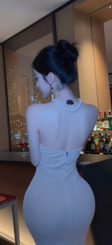 白色亮片露背裙美女酒吧夜景迷人背影人像摄影手机壁纸