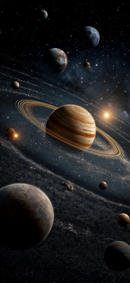 浩瀚宇宙多行星环绕土星科幻太空探索风景手机壁纸