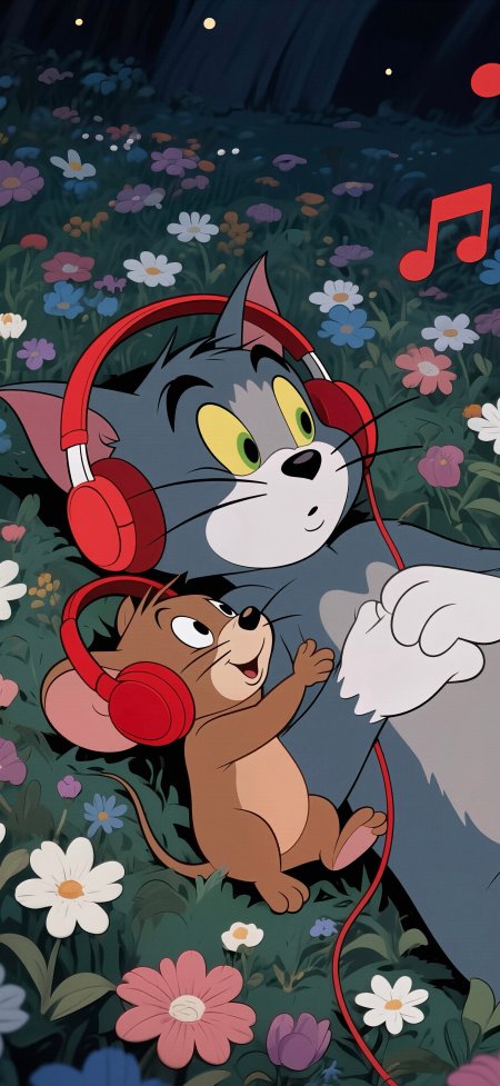 猫和老鼠戴耳机花丛中听音乐经典动画创意手机壁纸