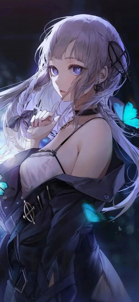 银发紫瞳少女蓝蝶环绕神秘气质二次元插画手机壁纸