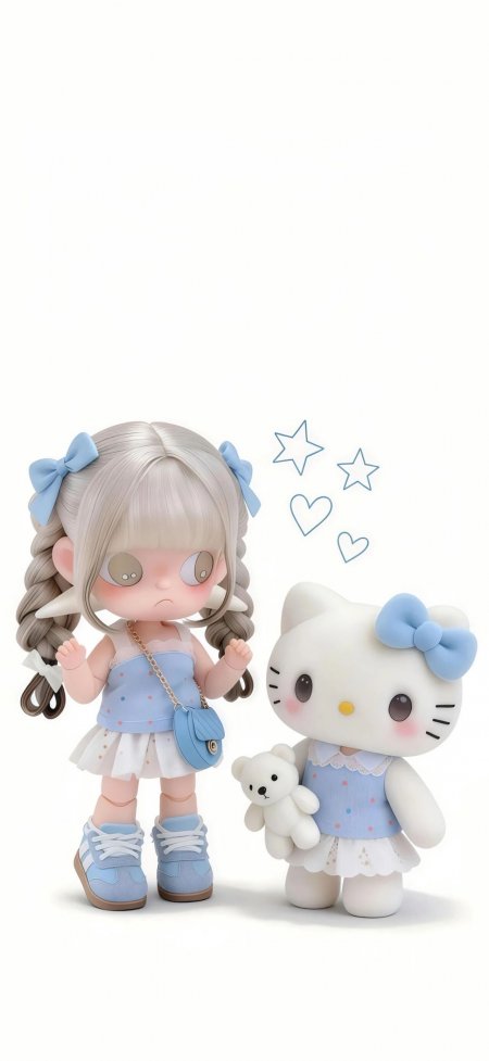 小女孩与Hello Kitty玩偶可爱动漫手机壁纸