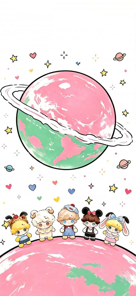 小女孩环绕粉绿星球爱心星星点缀少女动漫手机壁纸