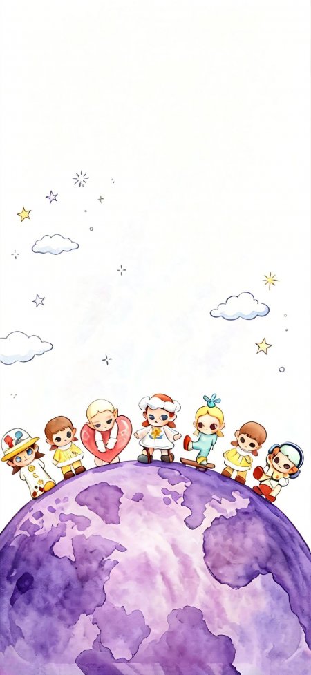 小女孩环绕紫色星球星空背景梦幻少女动漫手机壁纸