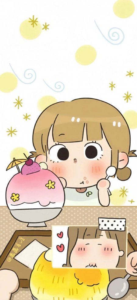 小女孩吃粉色刨冰可爱治愈系动漫手机壁纸
