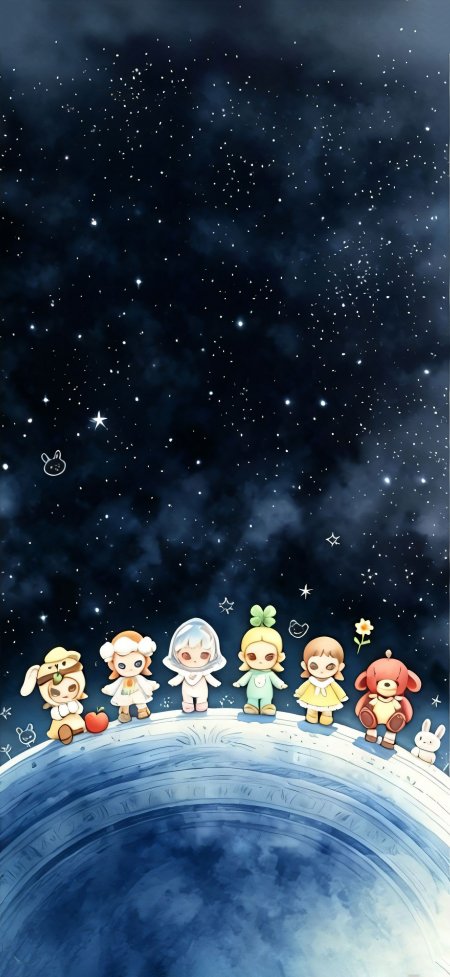 小女孩围绕蓝色星空梦幻治愈少女动漫手机壁纸