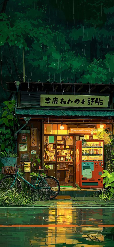 雨夜森林杂货铺暖光治愈系动漫风景手机壁纸