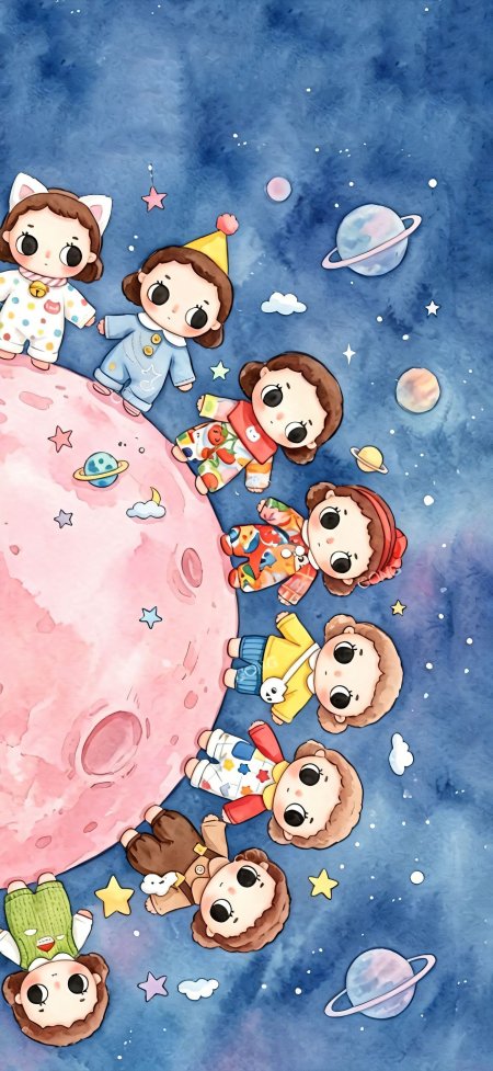 小女孩环绕粉色星球星空背景梦幻少女动漫手机壁纸