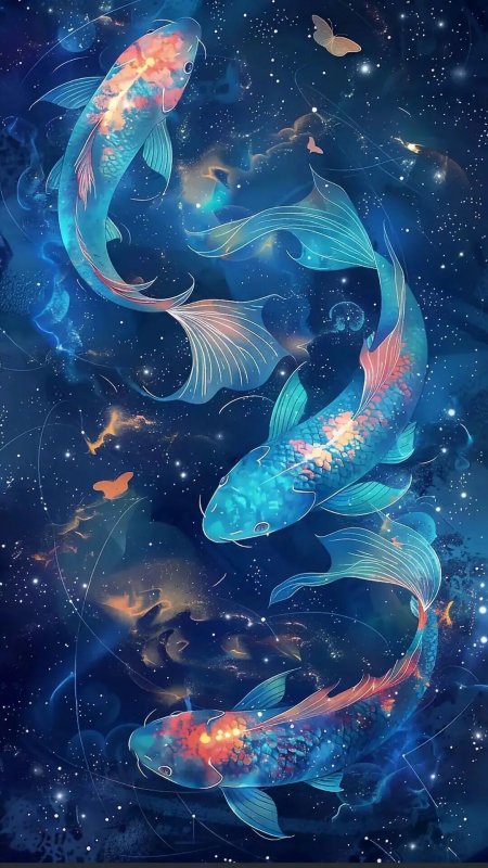 双鱼游弋星河梦幻蓝橙交织奇幻动漫手机壁纸