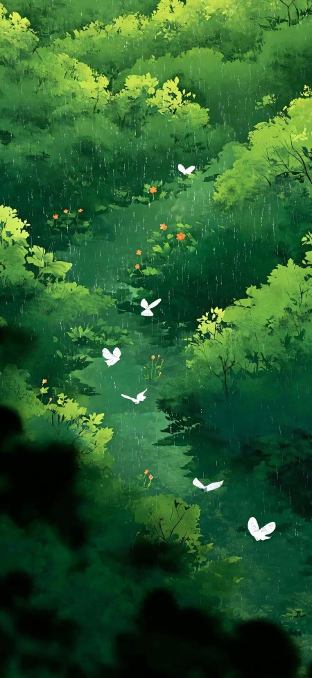雨中白蝶飞舞绿野荷塘诗意动漫风景手机壁纸