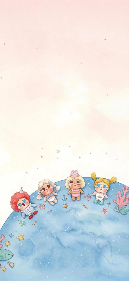 小女孩环绕蓝色地球卡通动物伙伴齐聚少女动漫手机壁纸