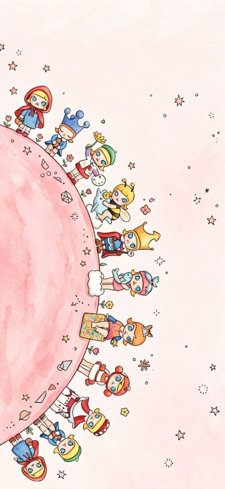 小女孩环绕粉色星球童话角色齐聚少女动漫手机壁纸