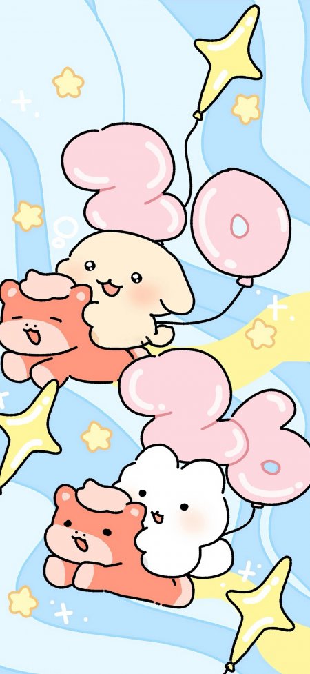 小熊云朵气球星星点缀梦幻童趣插画少女动漫手机壁纸