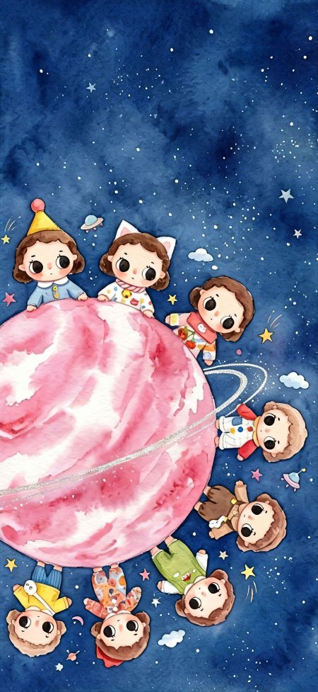 小女孩环绕粉色带环星球深蓝星空背景少女动漫手机壁纸