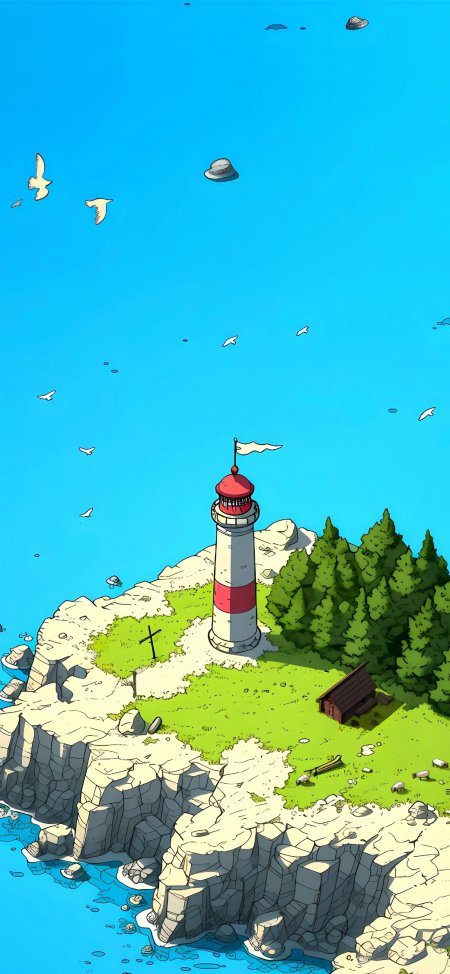 悬崖灯塔海鸥盘旋蓝天碧海治愈系动漫风景手机壁纸