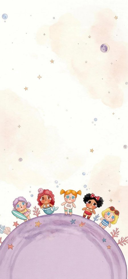 小女孩围绕紫色星球海洋元素贝壳海星点缀少女动漫手机壁纸