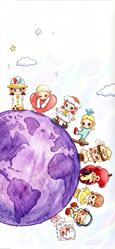 小女孩环绕紫色星球童话角色齐聚少女动漫手机壁纸