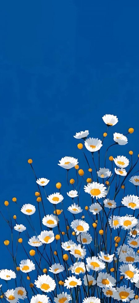 深蓝背景雏菊插画唯美清新动漫创意手机壁纸