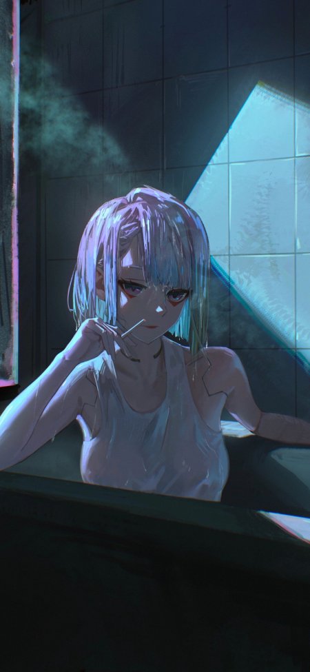 赛博朋克边缘行者露西抽烟蓝紫光影少女动漫手机壁纸
