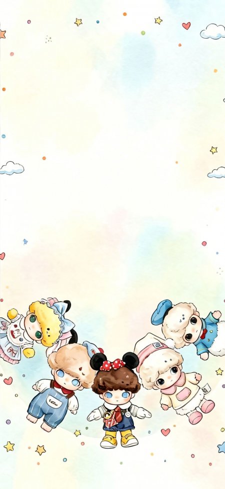 小女孩环绕彩色天空童话角色齐聚少女动漫手机壁纸