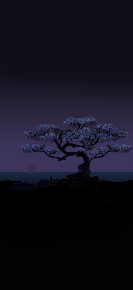紫色夜空孤树剪影极简风景插画艺术手机壁纸