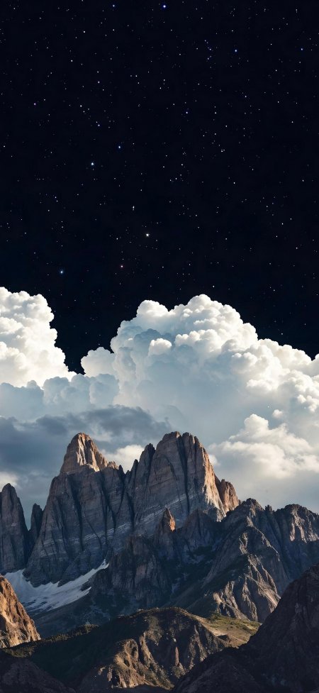 星空下巍峨山峰与云海交织壮丽自然风景手机壁纸