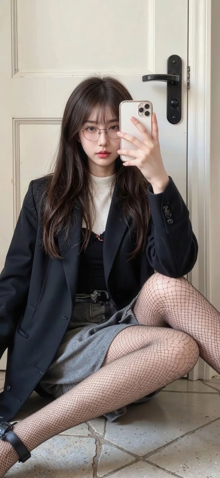 西装渔网袜美女对镜自拍酷飒人物摄影手机壁纸