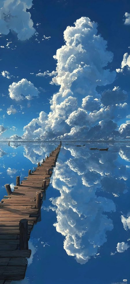 木栈道延伸至云端水面倒影梦幻天空之镜风景手机壁纸