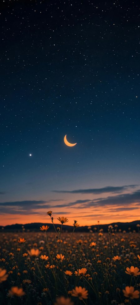 星空下花海与弯月浪漫插画卡通风景手机壁纸