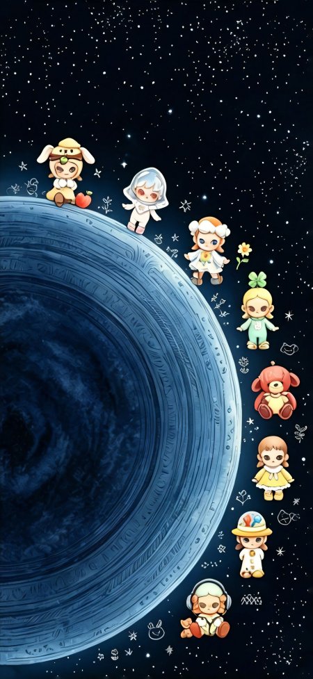 小女孩环绕深蓝色漩涡星球星空背景少女动漫手机壁纸
