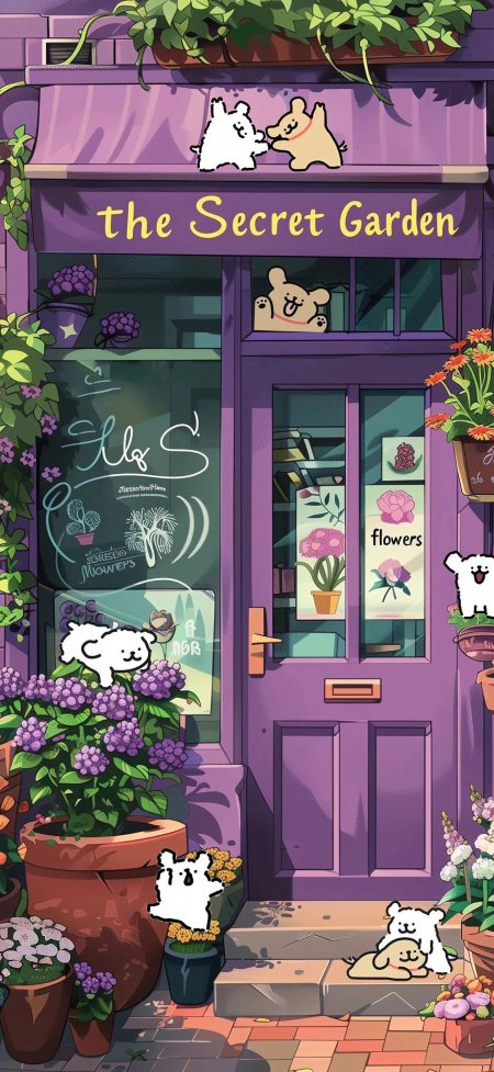 秘密花园紫色小店萌犬围绕温馨治愈系动漫插画手机壁纸