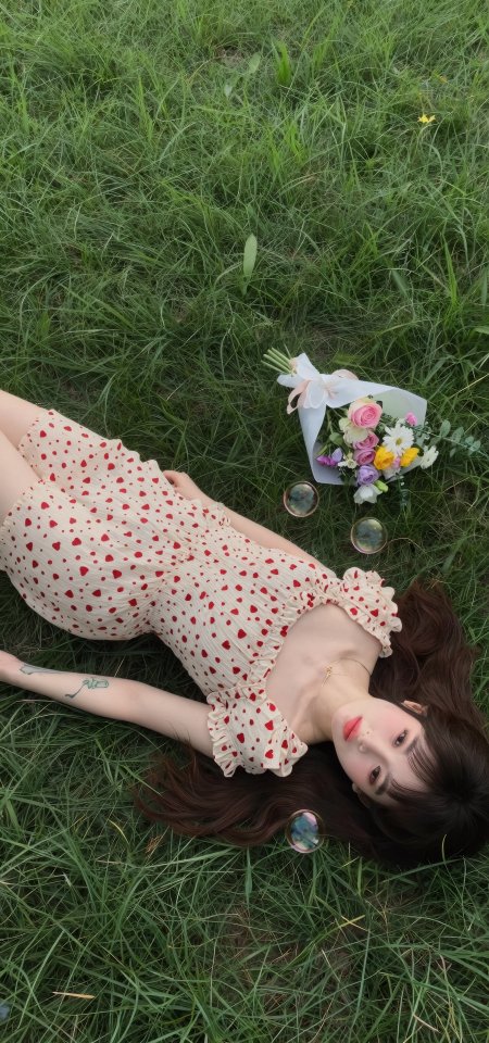 碎花裙少女躺草地捧花束文艺清新人物摄影手机壁纸