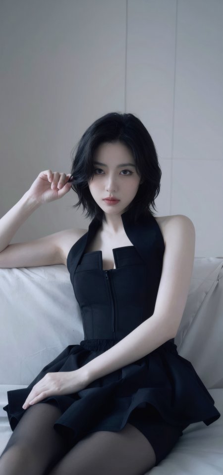 申留真黑色挂脖连衣裙坐姿优雅人物摄影手机壁纸