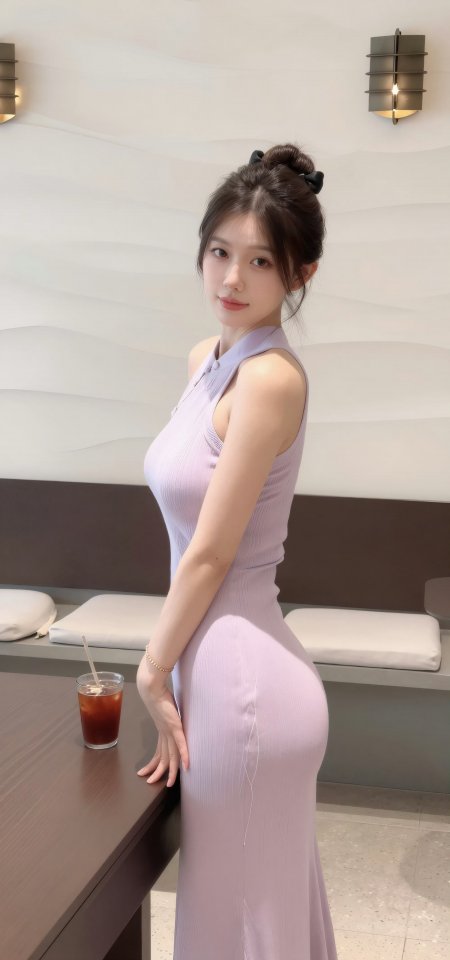美女紫色挂脖长裙侧身站立优雅气质人物摄影手机壁纸