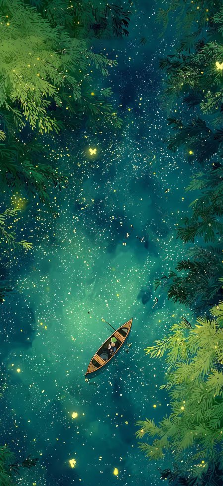 萤火小船穿梭绿林星河梦幻动漫风景手机壁纸