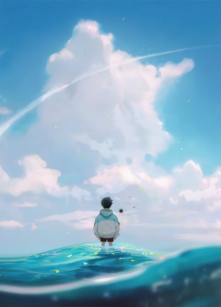 少年立于海面仰望云朵飞鸟梦幻动漫手机壁纸