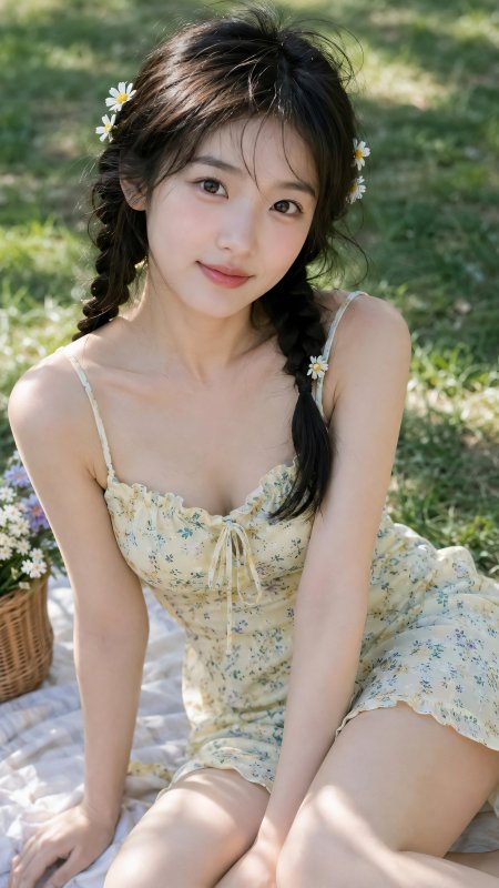 美女坐草地戴雏菊发饰黄碎花裙森系清新人物摄影手机壁纸