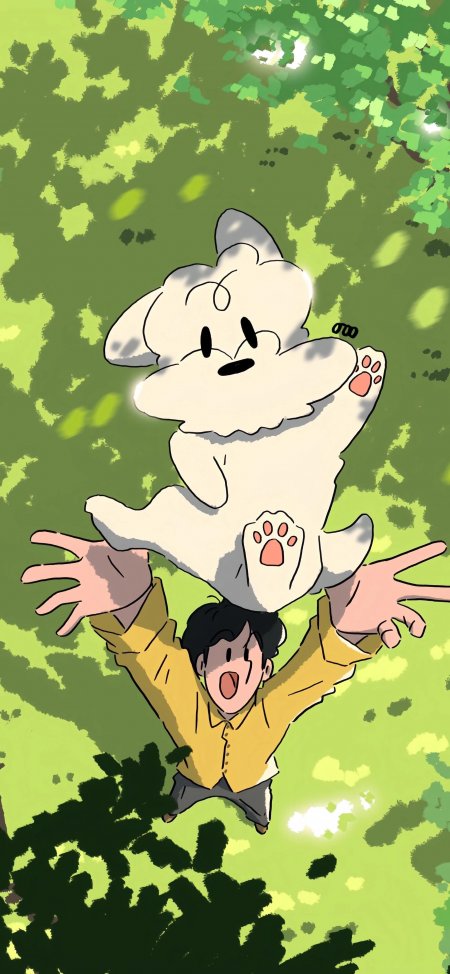 男孩举小狗绿荫下欢笑治愈系动漫插画手机壁纸