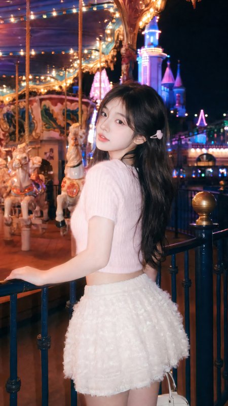 美女游乐园旋转木马前回眸浅笑梦幻夜景人物摄影手机壁纸